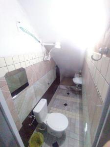 La petite salle de bains est pourvue de toilettes et d'un lavabo. dans l'établissement Cantinho Iluminado e Relaxante Privativo, à Brasilia