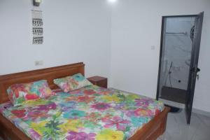 um quarto com uma cama e uma cabina de duche ao nível do chão em Les Résidences Oluwa Sheyi em Cotonou