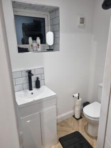 uma casa de banho branca com um lavatório e um WC em Arncliffe Annexe em Baildon