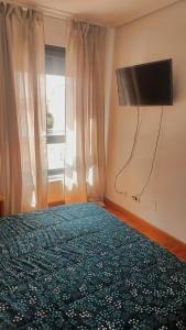 um quarto com uma cama, uma televisão e uma janela em Habitación Renfe em Pamplona