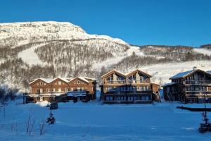 een lodge in de sneeuw met een berg op de achtergrond bij Cozy Apartment close to Hovden alpine centre in Hovden