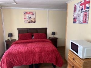 1 dormitorio con 1 cama con edredón rojo y TV en Cabañas Entre Cerros, en San José de Maipo