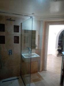 een badkamer met een wastafel en een glazen douche bij Maison pied dans l'eau à résidence Jinène Hammamet in Hammamet