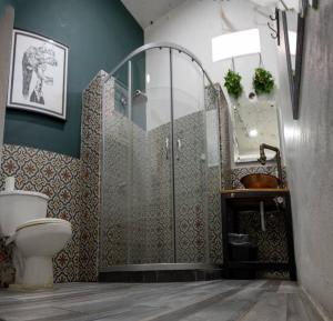 y baño con ducha, aseo y lavamanos. en “Encantador Loft” - en el corazón de San Pedro, en Guadalajara