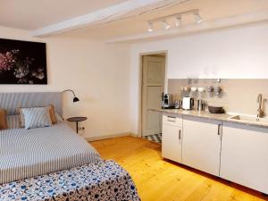 a bedroom with a bed and a kitchen with a sink at 30qm Studio Rosenheimer Innenstadt in Rosenheim
