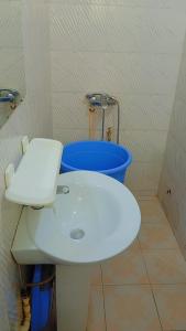 a bathroom with a white sink and a blue bucket at Timba coquette-loge in Cotonou