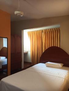 1 dormitorio con cama y ventana en Cáyamahue Guest House, en Pucallpa