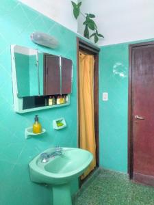 baño con lavabo verde y espejo en Hospedaje en Salta