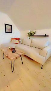 ein Wohnzimmer mit einem weißen Sofa und einem Couchtisch in der Unterkunft Finn's Studio, Fundy Park in Alma
