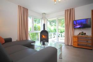 a living room with a fireplace in the living room at Möwe 14 in Mirow