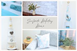 un collage de fotos de un dormitorio con azul en Surfside Holiday Home 100m Beach, en Batemans Bay