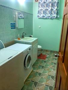 y baño con lavadora y lavamanos. en Anne Marie Villas, en Castries