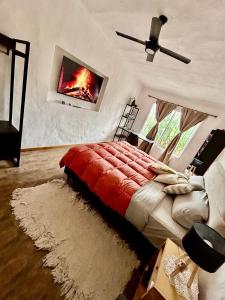 a bedroom with a bed with a fire in the wall at El Satélite in Cordoba