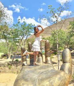 科隆的住宿－蒙特阿凡根生態冒險樂園度假屋，站在一个大雕像顶上的年轻女孩