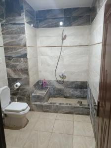 a bathroom with a shower and a toilet at شاليه سياحي مكيف صف أول علي البحر مباشره ومكيف وبحديقه خاصه in Ras Sedr