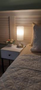 a bedroom with a bed and a table with a lamp at Riverside Apartments Bed and Breakfast in San Juan