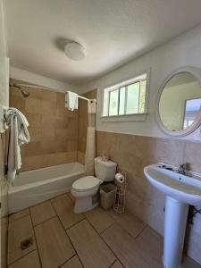 uma casa de banho com um WC, uma banheira e um lavatório. em Tamalpais Motel em Mill Valley
