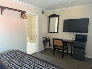 Schlafzimmer mit einem Bett, einem Schreibtisch und einem TV in der Unterkunft Tamalpais Motel in Mill Valley