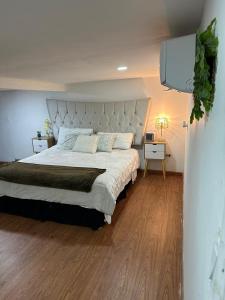 1 dormitorio con 1 cama grande y suelo de madera en Mi Delicioso Escape en San Luis Río Colorado