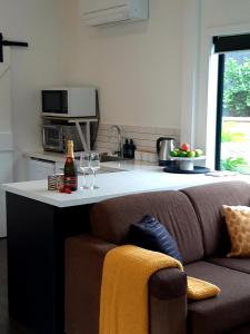 a kitchen with a counter with wine glasses and a couch at Tree View Studio in Tauranga