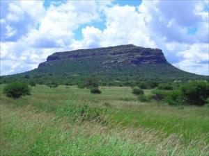 un campo de hierba con una montaña en el fondo en Kgopolo Homestay, en Modimolle