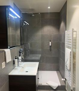 ein Bad mit einem Waschbecken und einer Dusche in der Unterkunft Newly Renovated Suite Eaux Vives Charlie Thornton Geneva in Genf