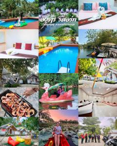 a collage of photos of people in a pool at Ingtarn Ressort At thasala in Ban Nai Thung