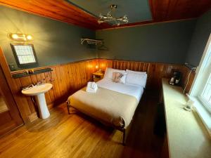 Skyline Village Inn في Spruce Pine: غرفة نوم صغيرة بها سرير ومغسلة