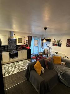 Shropshire Guesthouse في ولفرهامبتون: غرفة معيشة مع سرير ومطبخ