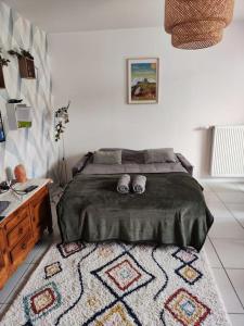 - une chambre avec un lit et un tapis au sol dans l'établissement Évasion Vercors Vue Montagne, à Saint-Nizier-du-Moucherotte