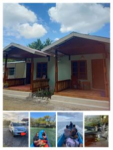 a collage of photos of a house with people sitting in a raft at Renata Cottages in Ohoililir