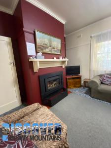 a living room with a fireplace and a couch at Inglewood Cottage in Adaminaby
