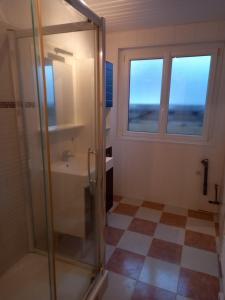 uma casa de banho com um chuveiro, um lavatório e uma janela em maison de village 