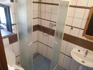 ein Bad mit einer Dusche, einem WC und einem Waschbecken in der Unterkunft Penzion Zámecká in Adršpach