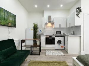 cocina y sala de estar con sofá verde en Beautiful Studio Flat in Hackney next to Overground Station en Londres