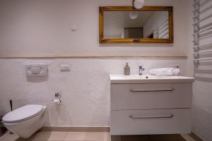 Un baño con inodoro, lavabo y espejo. en EPA Apartment - España style, en Rust