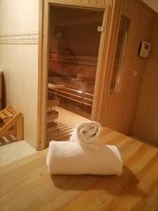 Una toalla tirada en el suelo delante de una puerta. en Willa u Kośle Zakopane, en Zakopane 106 fotos más