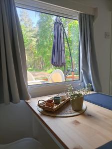 un tavolo con un piatto di cibo sopra una finestra di Tinyhaus idyllisch am Waldesrand a Cottbus
