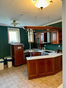 a kitchen with wooden cabinets and a counter top at Retro Villa Prague 700sqm Indoor-Pool, Sauna, BBQ, table soccer in Prague