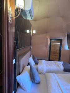 Cette chambre comprend 2 lits et une télévision. dans l'établissement Wadi Rum Grand, à Wadi Rum