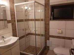 a bathroom with a shower with a sink and a toilet at Casa Anna in Tîrnăveni +26 photos