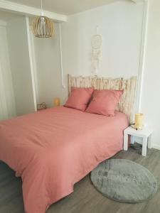 - une chambre avec un grand lit et des oreillers roses dans l'établissement Le flamant rose, à Arles