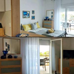 two pictures of a bedroom with a bed and a living room at Sun & Sea : Malaki Seaside in Malaki