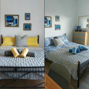 two pictures of a bedroom with a bed in it at Sun & Sea : Malaki Seaside in Malaki