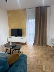 Vrnjačka Banja的住宿－Apartman Daria，客厅配有蓝色的沙发和电视