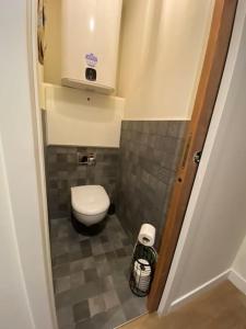 Cette petite chambre comprend une petite salle de bains pourvue de toilettes. dans l'établissement Le Gabiott, Appartement neuf pour 4, au pied des pistes à La Rosière, à Montvalezan