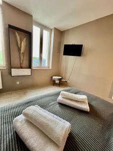 ein Schlafzimmer mit zwei weißen Handtüchern auf einem Bett in der Unterkunft Studio très calme - DABNB in Limoges