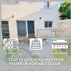 Una foto de una casa con las palabras "la verdad sea malvada tu culpa vierte el transeúnte" en Agréable maison de village avec piscine en Le Cailar
