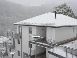 ein weißes Gebäude mit Schnee auf dem Dach in der Unterkunft Magnificent Apartment in Willingen with Balcony in Willingen