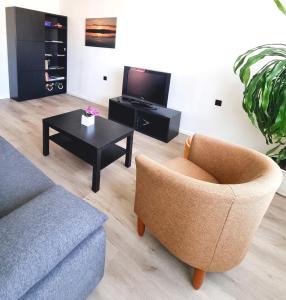 a living room with a couch and a chair and a table at Räpina Apartment in Räpina